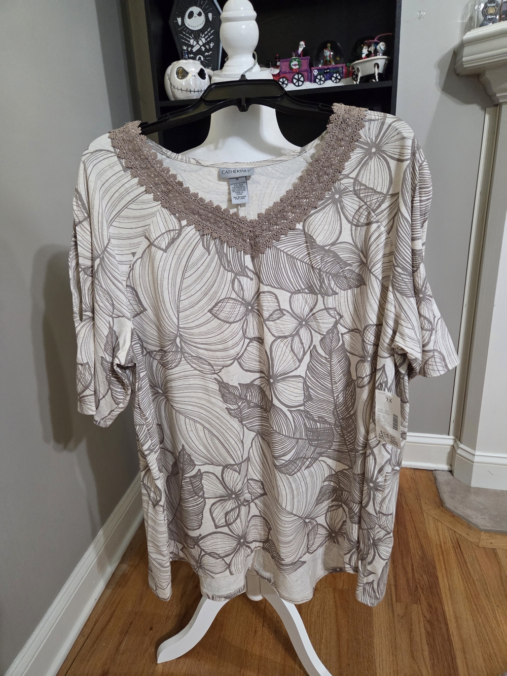 Catherines Cream Short Sleeve Tee with Taupe Floral Lace V-Neck